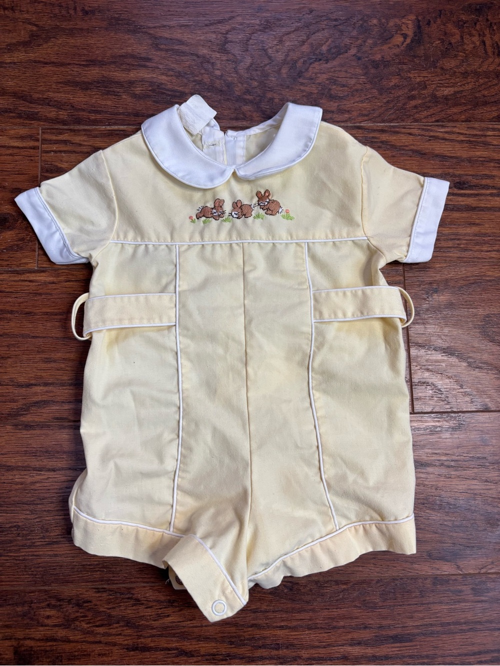 Vintage Yellow Short-Sleeve‎ Baby Romper with Hand Embroidered Bunnies